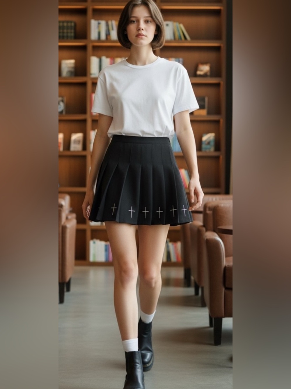 Black Pleated Mini Skirt W/Safety Lining Shorts Underneath.